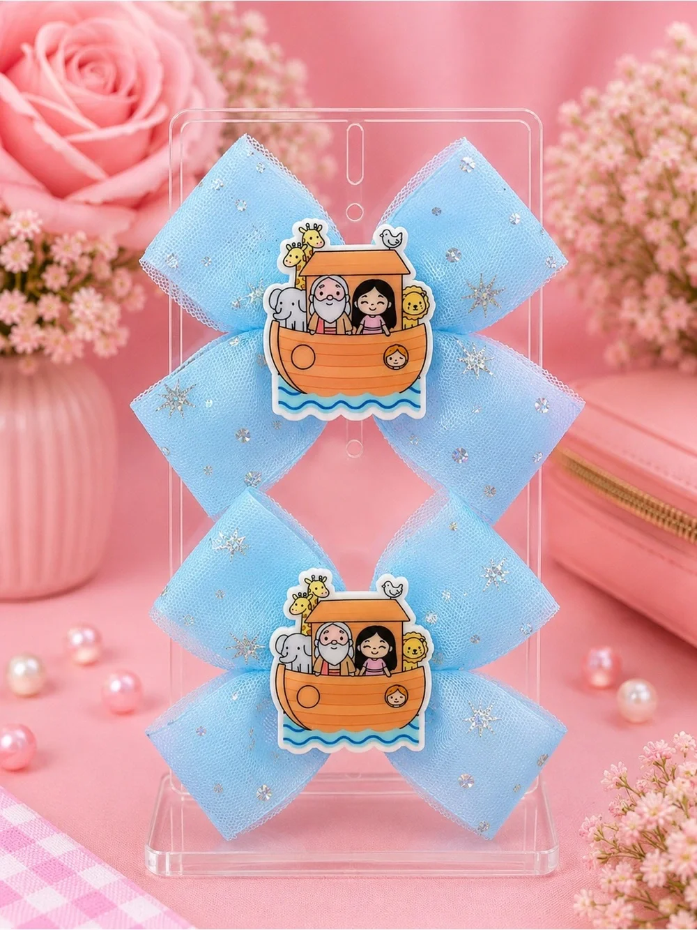 Kids Blue Noah's Ark Hair Bow Clips - Cute Cartoon Set